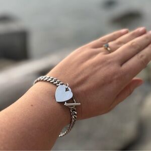 VINTAGE CUBAN Chain Chunky Solid Heart Lock Charm Bracelet Silver Tone